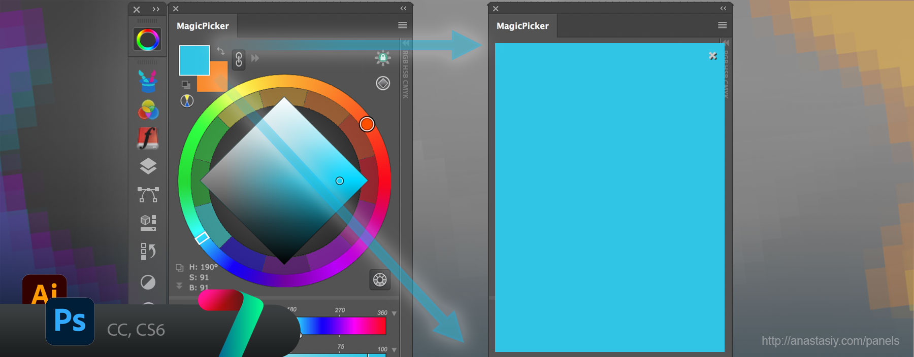 GIANT color preview in Photoshop with magicPicker color wheel panel