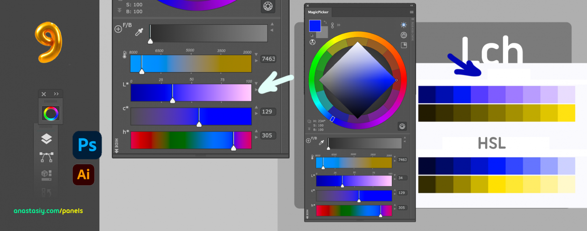 Tip#124: Vivid, precisely graded hues with L*c*h color space of MagicPicker